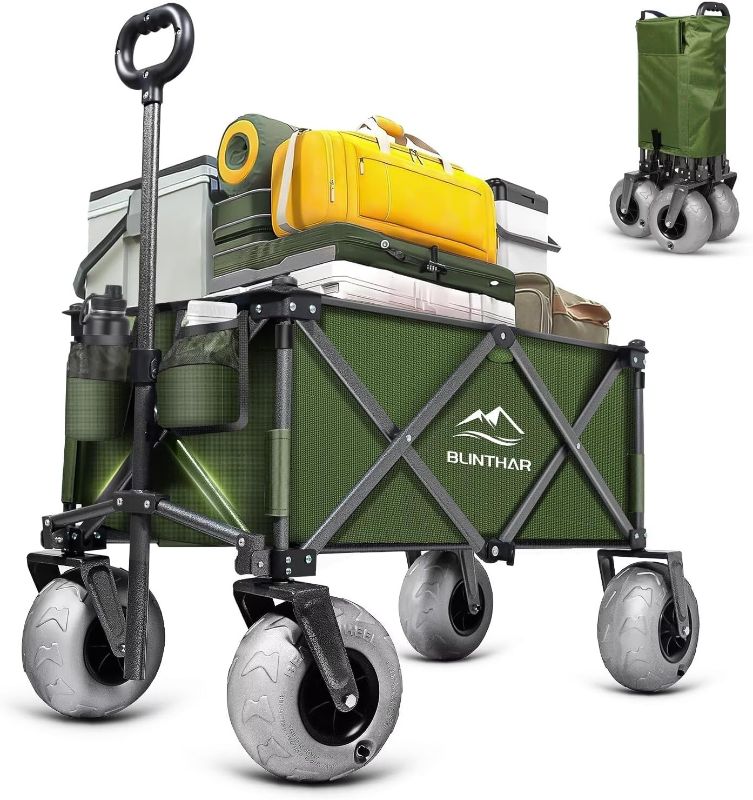 Photo 1 of Beach Wagon with Big Wheels for Sand, Heavy Duty Collapsible Folding Wagon with All-Terrain 9" Pneumatic Tires & Drink Holders, Utility Wagon for Garden Sports Camping Outdoor Activities

