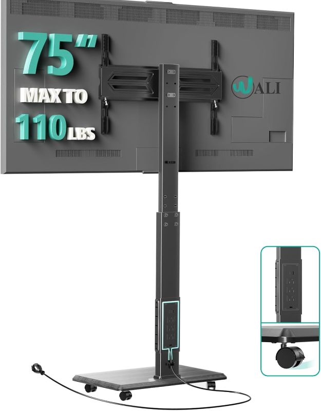 Photo 1 of WALI Floor TV Stand with Power Outlet, Rolling Tall TV Stand Mount with Wheels for 32-75 inch TV up to 110 lbs, Swivel Height Adjustable TV Cart with Wood Base for Bedroom(TVDVD-7PR), Black

