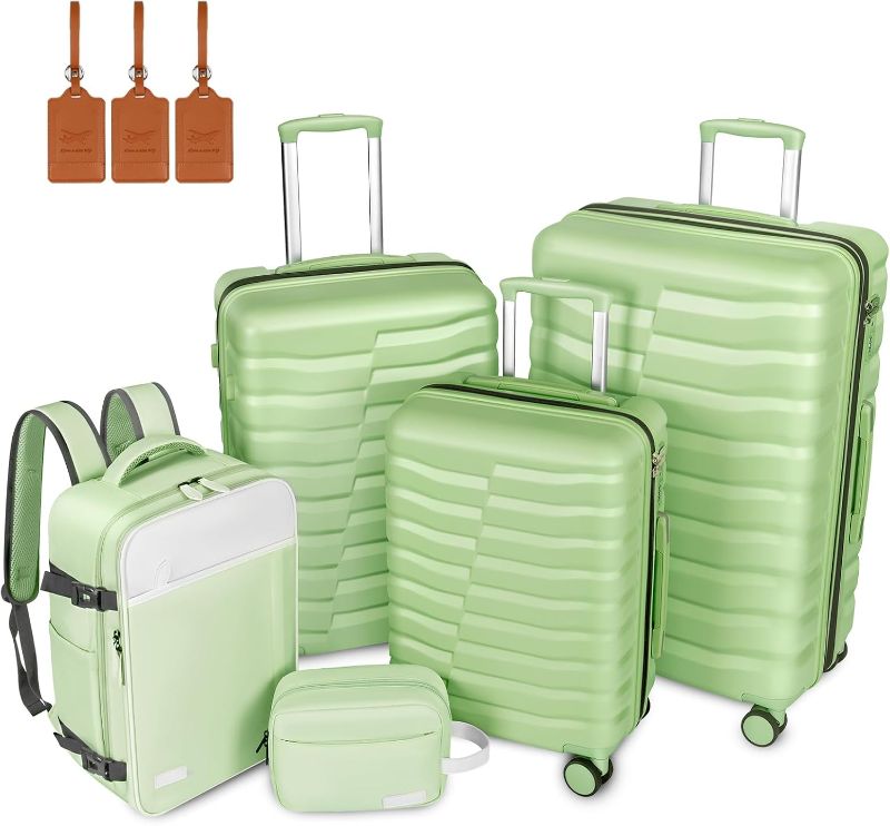 Photo 1 of 5-Piece Lightweight Luggage with Backpack Sets, ABS+PC Hard Shell Suitcase with TSA Lock & YKK Zipper (Avocado Green, 20in/24in/28in/BP/TB)

