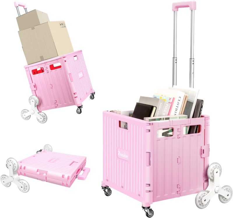 Photo 1 of Foldable Rolling Cart for Stair Climbing: Rolling Crate for Grocery File Office Book (Pink)

