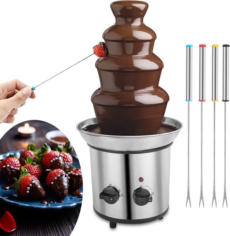 Photo 1 of Chocolate Fountain, 4 Tier Chocolate Fondue Fountain Electric Melting Machine for Parties, Nacho Cheese, Ranch, Sauce, Wedding, Chocolate Fountain Machine with 4pcs Stainless Steel Forks(4 LB)
