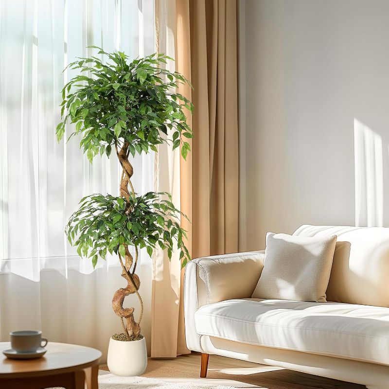 Photo 1 of GarveeHome Ficus Artificial Tree with Curved Trunk?5 Feet Faux Plant Fake Silk Trees with White Pot, Fake Ficus Tree for Home Decor, Artificial Plants Indoor for Office Living Room
