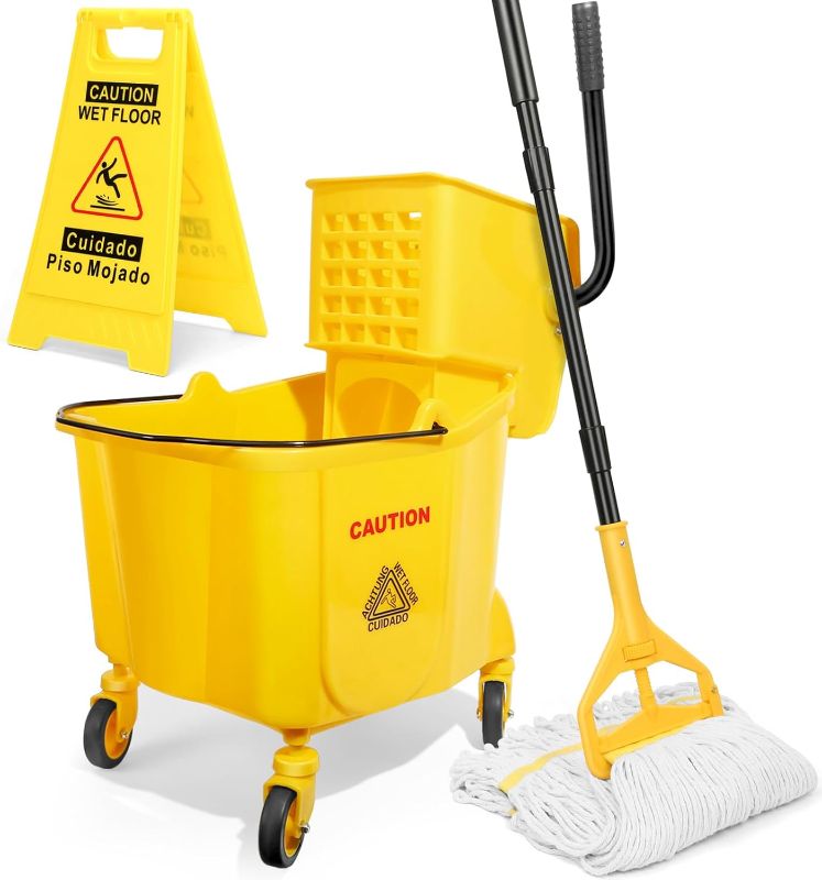 Photo 1 of 38 Qt Commercial Mop Bucket with Side Press Wringer on Wheels and Mops Set for Floor Cleaning,Including 1 Industrial Mop and Wet Floor Caution Sign,Yellow,Beyoco
