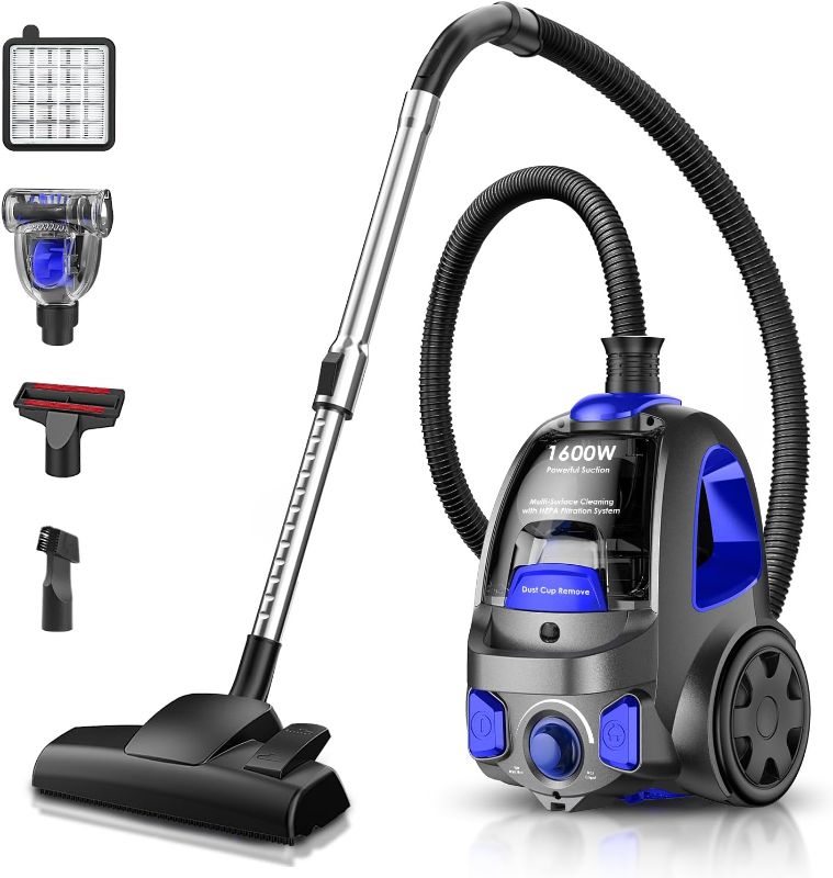 Photo 1 of Canister Vacuum Cleaner, 32Kpa 1600W Cyclon Power Bagless Canister Vacuum Cleaners for Home, 3.7QT Large Dust Cup, Lightweight Vac for Hard Floors, Carpets, Pet Hair, Blue
