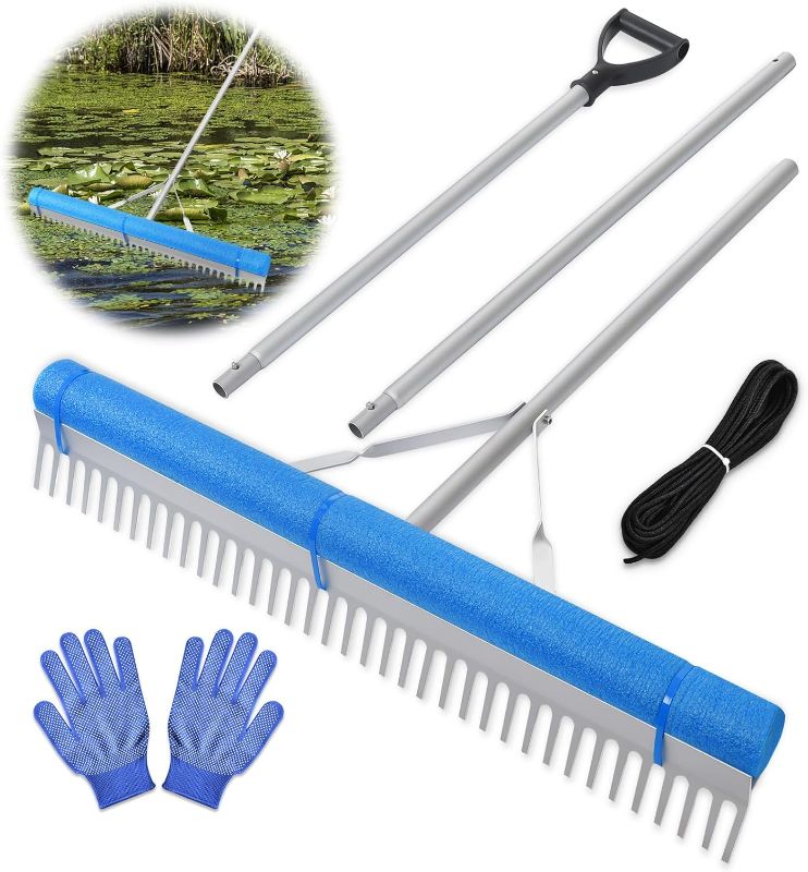 Photo 1 of Floating  Lake Rake, 36" Aluminum Landscape Rake with Adjustable Handle, 33FT Rope & Float, Weed & Algae Removal of Leaves, Floating Scum, Multifunctional Detachable Aquatic Weed Rake with Gloves