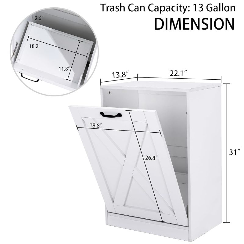Photo 1 of 13 Gallons Tilt Out Trash Can Cabinet, Wooden Free Standing Kichen Waste Bin Recycling Cabinet Hidden Trash Cabinet (White)
