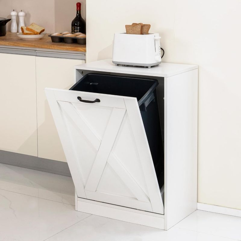 Photo 1 of 13 Gallons Tilt Out Trash Can Cabinet, Wooden Free Standing Kichen Waste Bin Recycling Cabinet Hidden Trash Cabinet (White)
