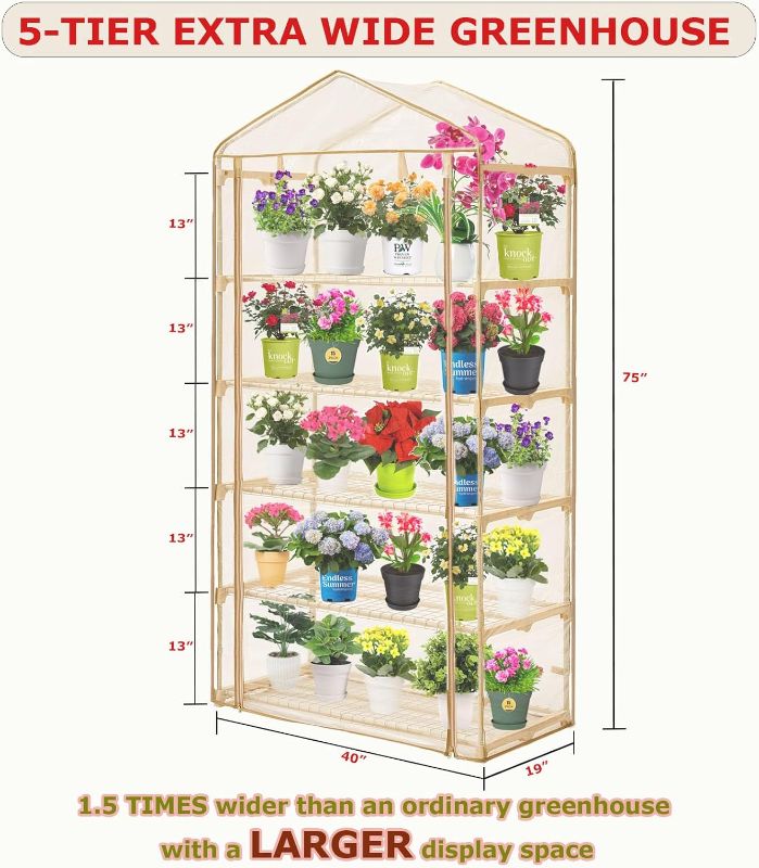Photo 1 of Garden 50% Extra Wide Mini Greenhouse 5 Tier Portable Plant Green House 40 in Wide -Sturdy Gardening Shelves with PE Cover & Roll-Up Zipper Door-19?W. x 40?L. x63?H(PLGH1005OWP)
