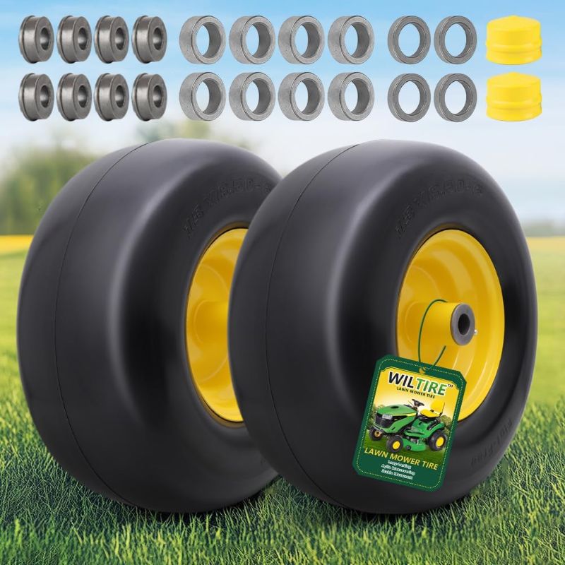 Photo 1 of 13x6.50-6 Lawn Mower Tires Flat Free Tire and Wheel with Rim, Solid Smooth Rubber for Zero-Turn Mowers, 5.5"-7.72"Centered Hub and 3/4" extra 5/8" 1/2" Bushings(Yellow)

