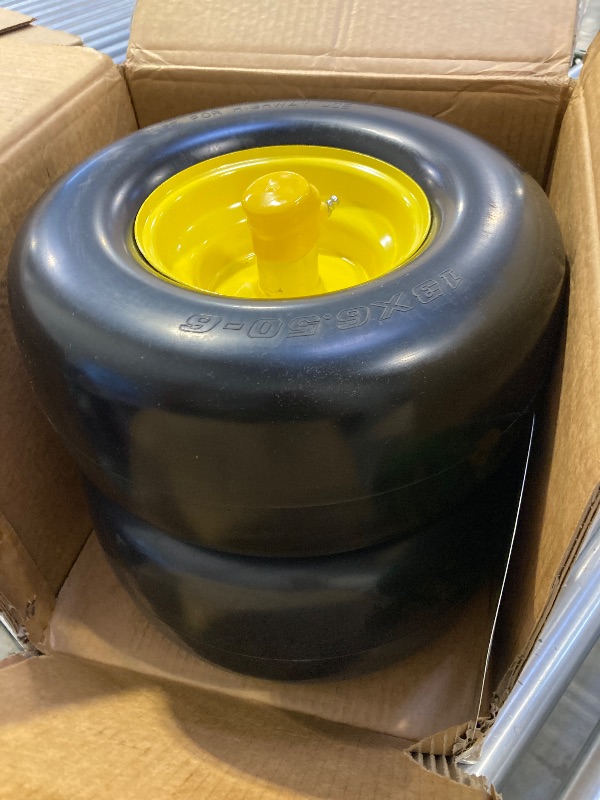 Photo 1 of 13x6.50-6 Lawn Mower Tires Flat Free Tire and Wheel with Rim, Solid Smooth Rubber for Zero-Turn Mowers, 5.5"-7.72"Centered Hub and 3/4" extra 5/8" 1/2" Bushings(Yellow)
