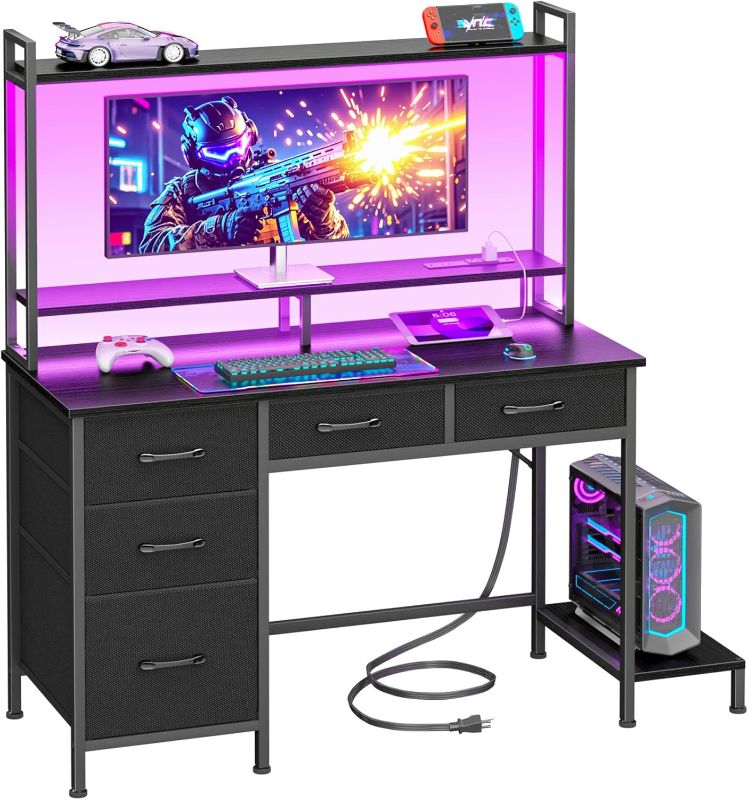 Photo 1 of Computer Gaming Desk with Hutch, Home Office Desk with Power Outlets, LED Light, 5 Storage Drawers, 2 Tiers Shelves for Display, 39 Inch Modern Study Writing Table for Bedroom, Black
