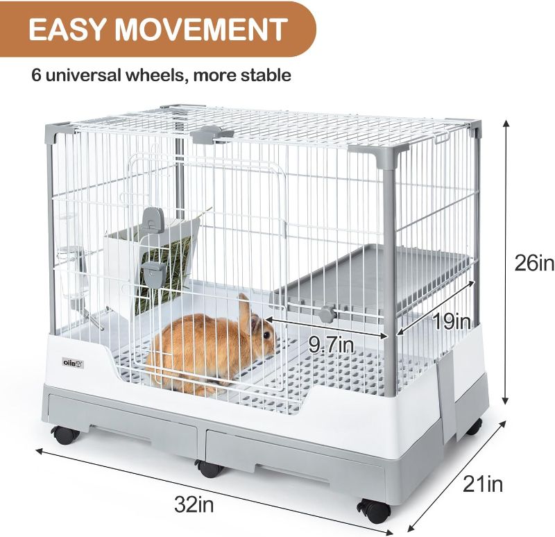 Photo 1 of OIIBO Deluxe Rabbit Cage, 32" × 21" × 26" Large Space Bunny Cage Foldable Small Animal Cage with Pull Out Tray and Caster Platform, Professional Household Anti-Spray Urine Rabbit Cage Hutch Indoor
