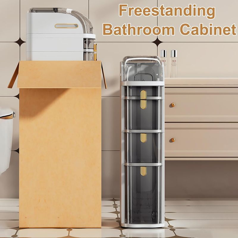 Photo 1 of 4-Tier Narrow Bathroom Storage Cabinet with Wheels & Tissue Box, 7.1 Inch Skinny Bathroom Cabinet Waterproof Organizer, Slim Storage Drawers for Toilet/Laundry/Kitchen
