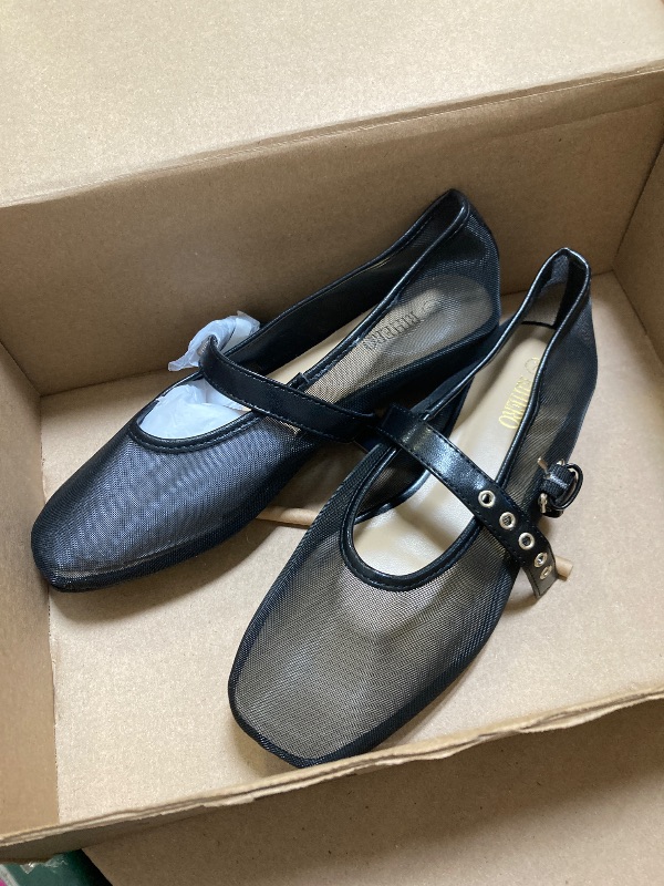 Photo 1 of Rihero Mesh Flats for Women Black Ballet Flats Square Toe Ballerina Buckle Strap Mary Jane Shoes Size 7