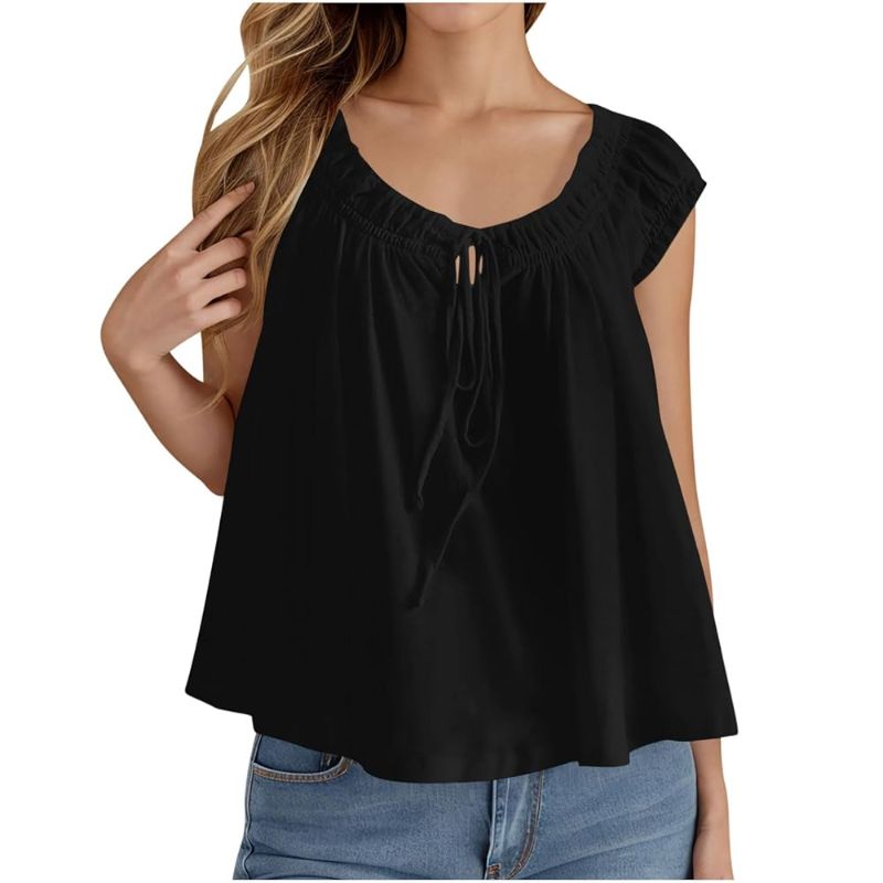Photo 1 of Tankaneo Women Summer Tie Front Tank Tops Cap Sleeve Pleated Babydoll Tops Casual Loose Fit Going Out Flowy Shirt  