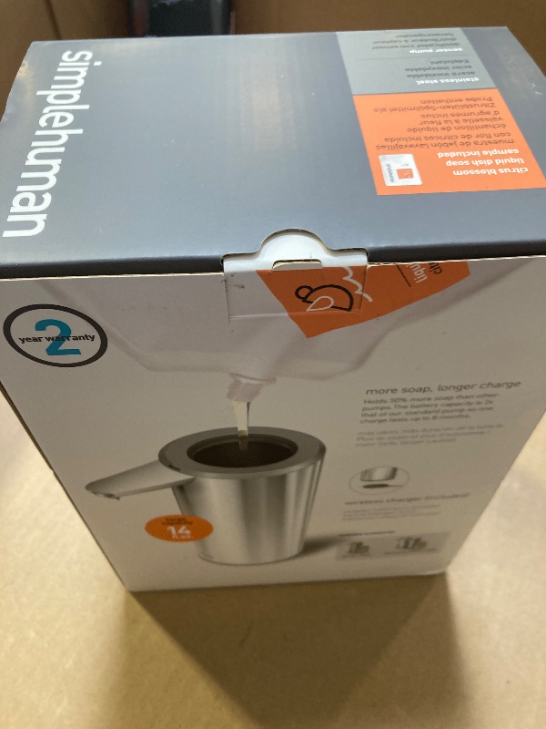 Photo 1 of simplehuman 14 oz. Touch-Free Rechargeable Sensor Liquid Soap Pump Dispenser, Brushed Stainless Steel
