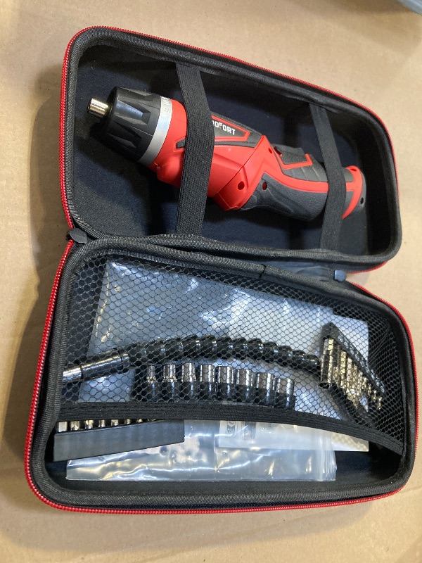 Photo 1 of DuroFort Cordless Electric Screwdriver Set, 8V 10Nm Rechargeable Power Electric Drill, Battery Screw Gun with Driver Bit, 320RPM/10+1 Torque, 2 Position Handle, Flexible Shaft LED Light (Red, 28Pcs)