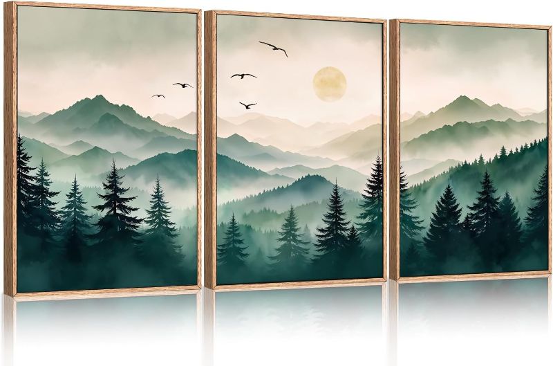 Photo 1 of Ausril Misty Forest Framed Canvas Wall Art Set, Boho Mountain Landscape Wall Decor, Pine Tree Wall Painting, Nature Sunrise Art Prints for Living Room, Bedroom, Dining Room, Office - Large 16"x24"x3
