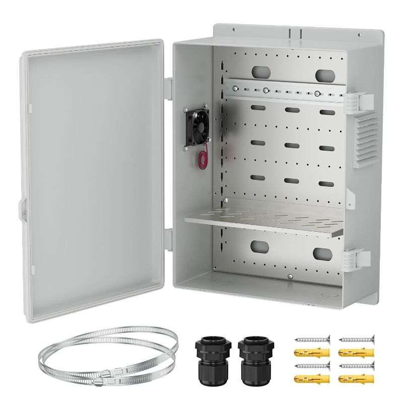 Photo 1 of Joinfworld Vented Outdoor Enclosure Box 18.1x12.6x6.4 Outdoor WiFi Enclosure Waterproof White Nema Electrical Box with Cooling Fan for Electronics
