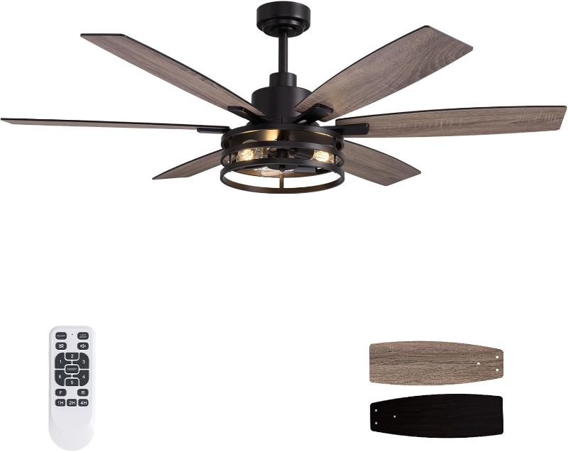 Photo 1 of 60 Inch Ceiling Fans with Lights and Remote Control, Farmhouse Ceiling Fan for Bedroom Living Room and Patio, Black Caged Ceiling Fan for Indoor and Outdoor