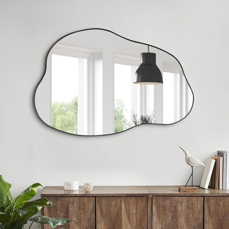 Photo 1 of POZINO Asymmetrical Mirror, Black Irregular Mirrors, Cloud Shaped Mirrors, Unique Modern Frameless Mirror for Living Room Bathroom Bedroom Entryway Fireplace,28"x29"
