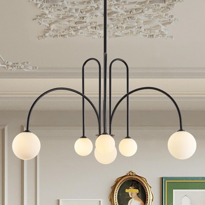Photo 1 of Modern Black Chandelier 6 Lights Sputnik Chandelier for Dining Room Large L40” Mid Century Ceiling Pendant Light Fixtures with Withe Glass Globe Shades for Foyer Bedroom