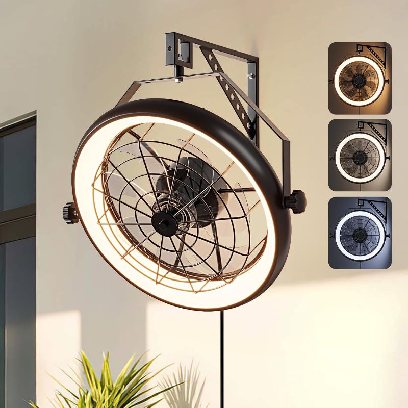 Photo 1 of Wall Mounted Fan with Lights, 23” Wall Mount Fan with Remote, 6 Speeds Plug in Wall Fan, Reversible, 3CCT, Dimmable, Noiseless, 360°Adjustable Tilt for Workshop, Patio, Home