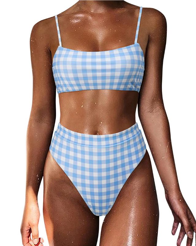Photo 1 of MOSHENGQI Women Bandeau High Waisted Bikini Push Up High Cut Swimsuits (S, Blue Gingham)
