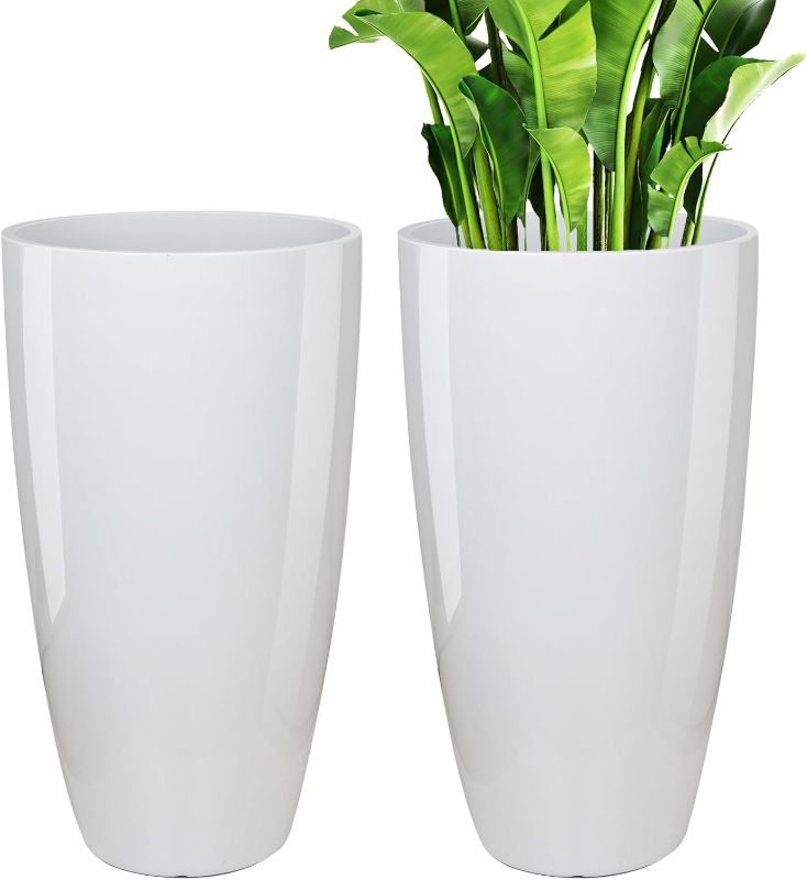 Photo 1 of 21 inch Tall Planter Indoor Outdoor, Set of 2 Tall Outdoor Planters for Porch Large Planter Pot with Drainage Hole for Home Garden Front Door (White)
