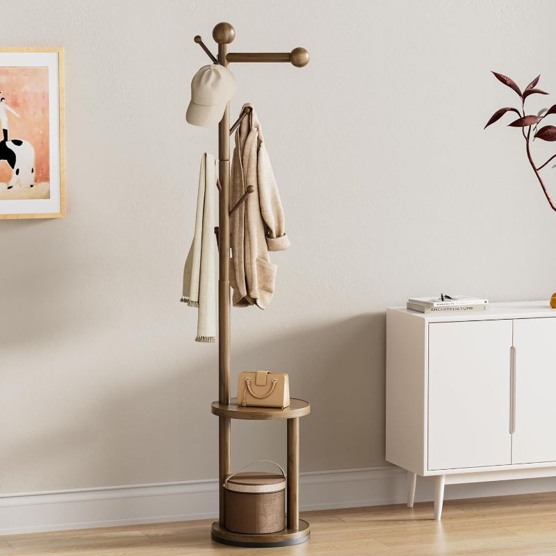 Photo 1 of Solid Wood Rotary Coat Rack, Freestanding 360° Swivel Coat Rack with Heavy-Duty Base, 8 Hooks & 2-Tier Shelves for Entryway, Bedroom, Office, Standing Coat Tree for Jackets, Hats, Bags (Walnut)

