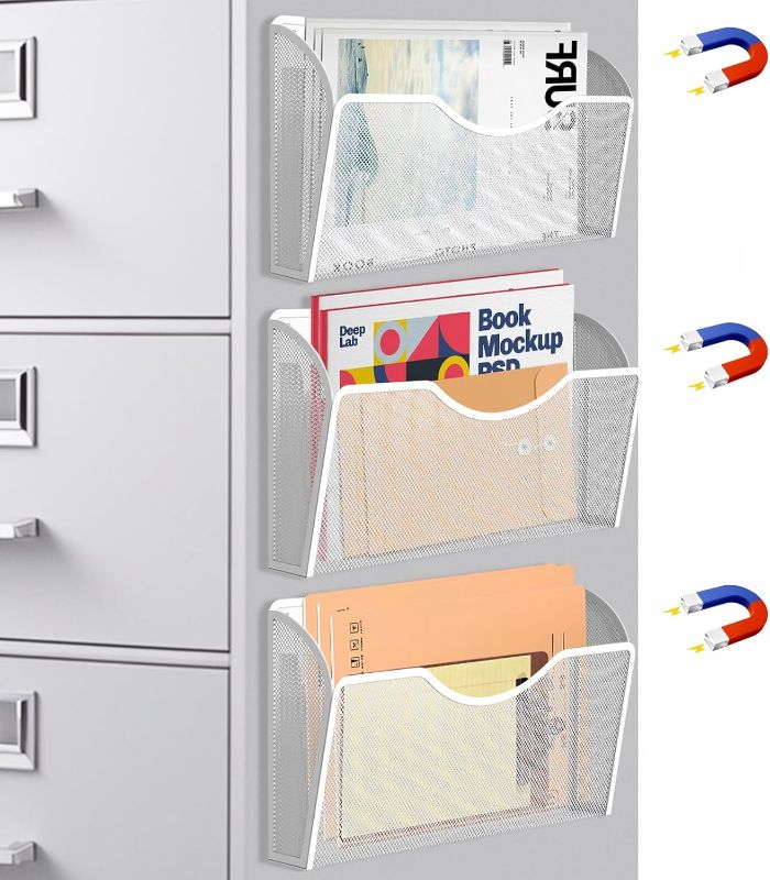 Photo 1 of 3 Pcs Magnetic File Holder for File Cabinets, Folder Holder Organizer- No Drilling Paper Document Holder, Large Capacity Office Hanging Magazine Rack for Refrigerator, Whiteboard, Office, Kitchen
