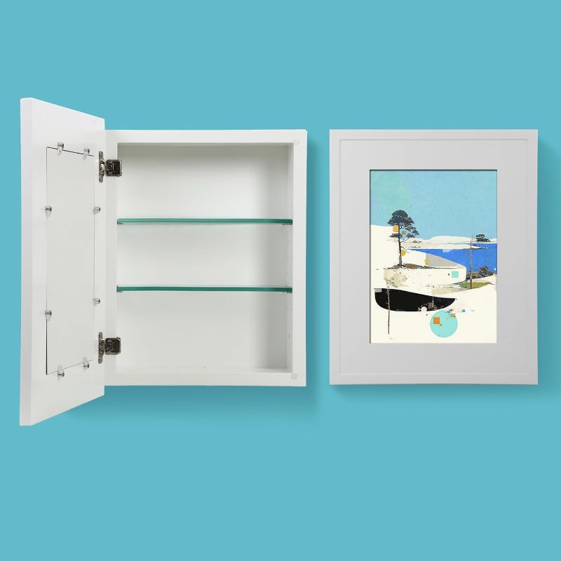 Photo 1 of Concealed Medicine Cabinet 14×18 Recessed, Picture Frame Medicine Cabinet, Farmhouse White Wood Frame, 2 Shelves, 100% Handmade, Fully Assembled Wall Niche Insert for Bathroom (White)
