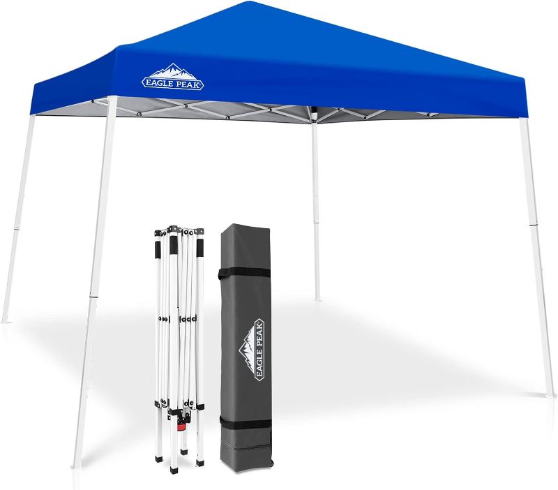Photo 1 of EAGLE PEAK 10x10 Slant Leg Pop-up Canopy Tent Easy One Person Setup Instant Outdoor Beach Canopy Folding Portable Sports Shelter 10x10 Base 8x8 Top (Blue)
