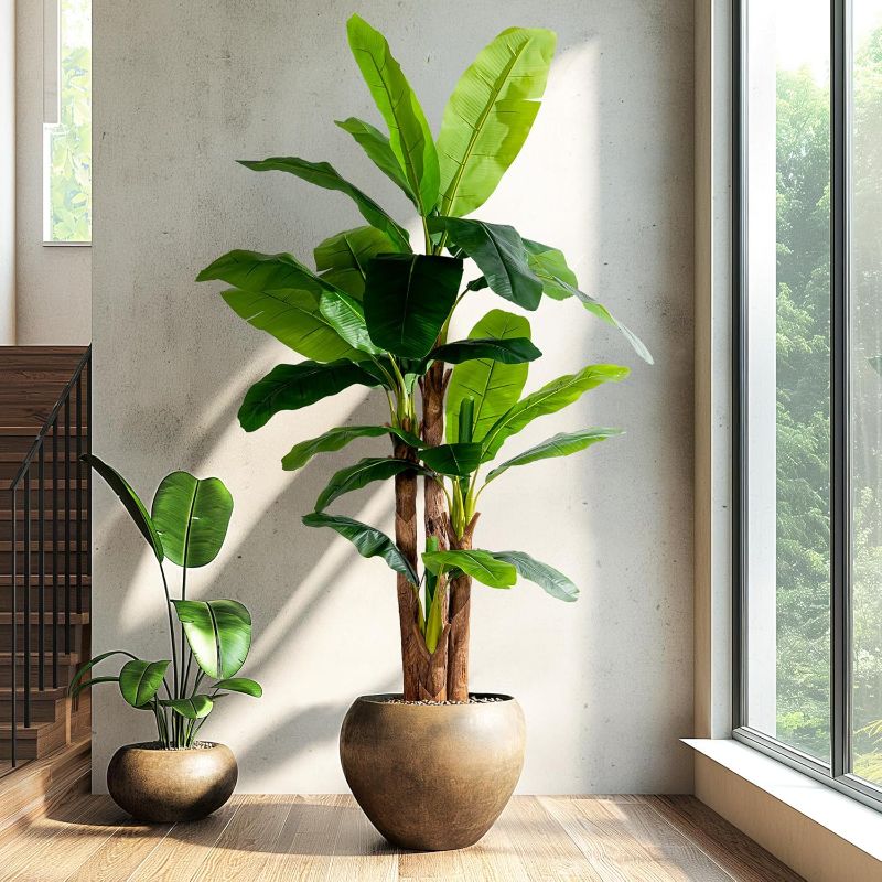 Photo 1 of 8.2FT Artificial Banana Tree Tall Fake Banana Leaf Plant Faux Banana Silk Tree Faux Banana Leaves for Home Swimming Pool Indoor Outdoor Patio Tropical Decor
