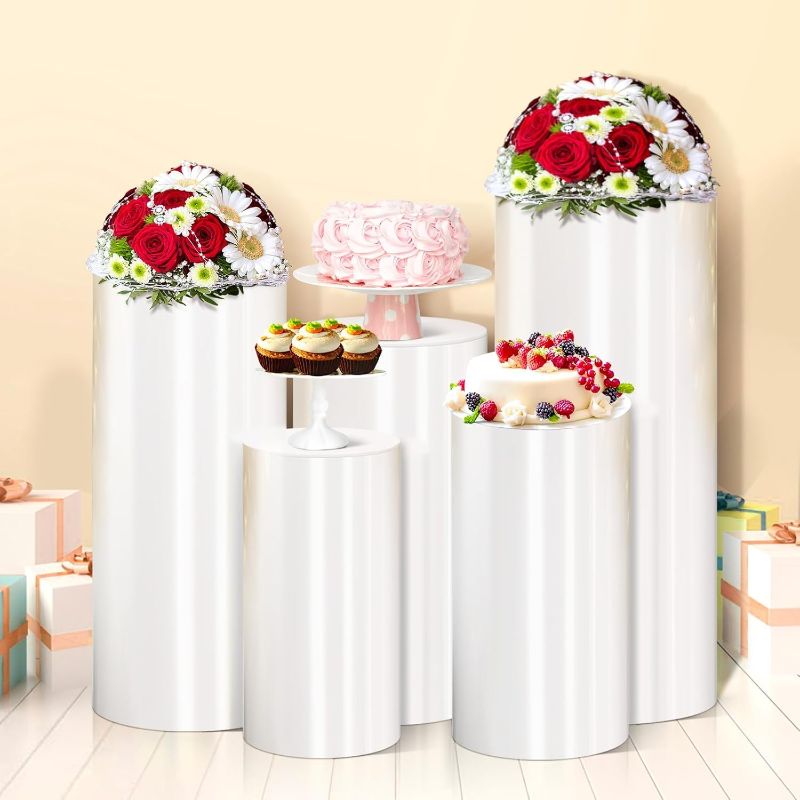 Photo 1 of Cylinder Pedestal Stands PVC White Display Plinth Cylinder Stands for Party Detachable Cake Pedestal Stand for weddings birthdays baby showers graduation parties product launches (5 PCS)
