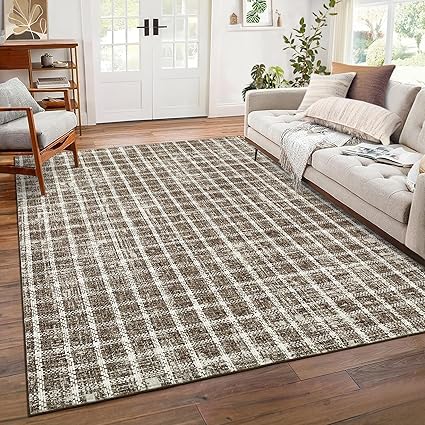 Photo 1 of Checkered 8x10 Rug for Living Room Tan Brown Braided Geometric Print Soft Low-Pile Thin Large Washable Rugs for Bedroom for Dining Room