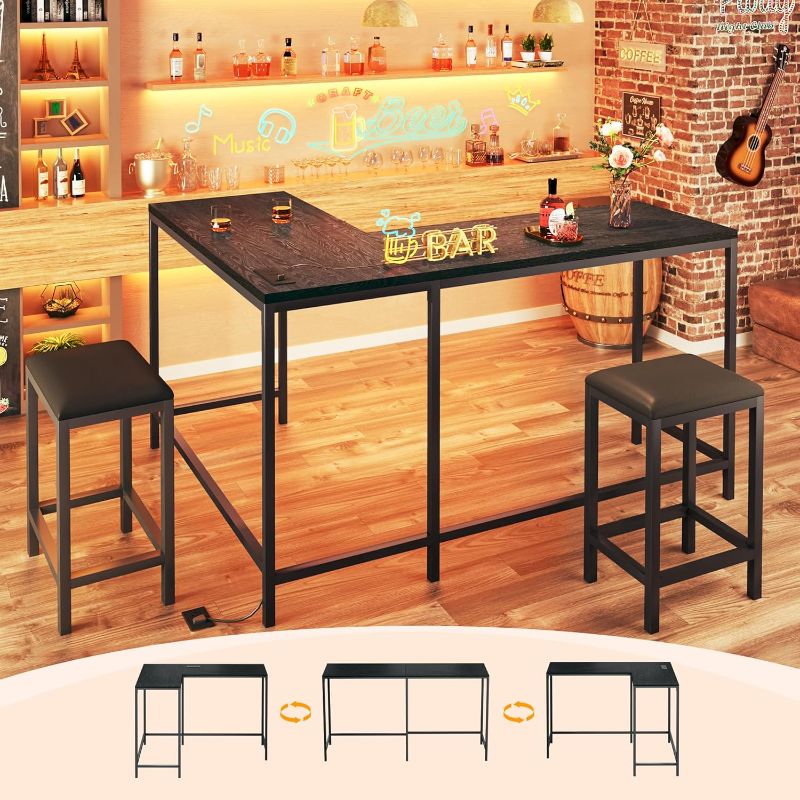 Photo 1 of Bar Table and Chairs Set for 2-4, 63'' Convertible L-Shaped Kitchen Table with Power Outlets, 3 Piece Counter Height Small Dining Table with 2 Stools, Space Saving, Breakfast Nook Corner, Black
