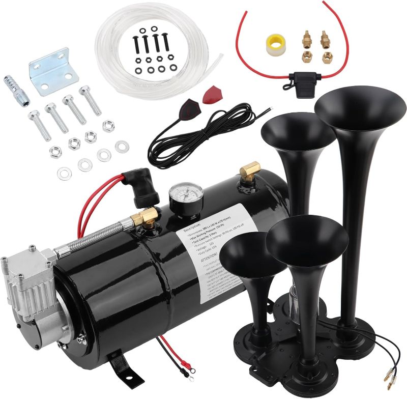 Photo 1 of 178DB 4 Trumpet Horns Train Horns Kit for Super Loud Air Horn 150 PSI 12V Air Compressor Air Tank Can for Trucks Car Jeep Or SUV(0.8 gal 12v black air horn kit)- MISSING HORNS!!!
