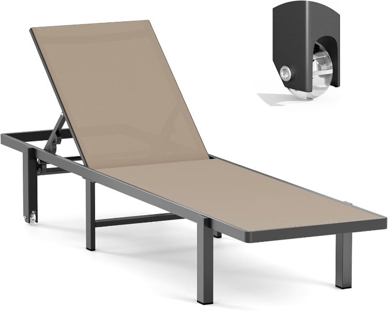 Photo 1 of Aluminum Chaise Lounge Chair Outdoor with Wheels, Patio Lounge Chair with Adjustable 5-Position Recliner and Full Flat Tanning Chair for Patio, Beach, Pool, Khaki
