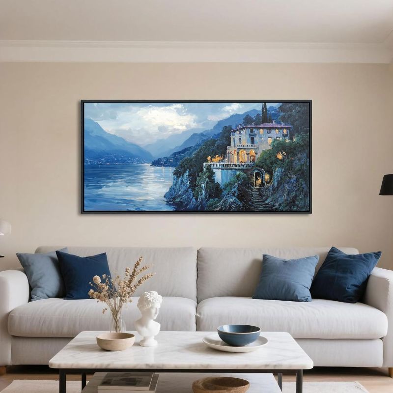 Photo 1 of QZQCBLC Large Canvas Wall Art, Blue Mountains Lake Houses Green Trees Landscape Framed Oil Paintings Artwork for Living room Bedroom Home Kitchen Office Wall Pictures Decor 24x48 IN
