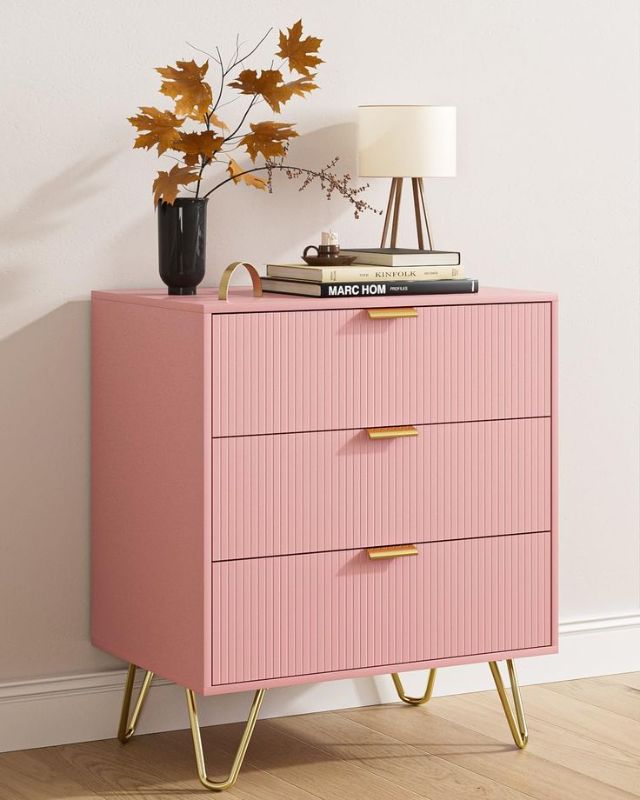 Photo 1 of Aobafuir 3 Drawer Dresser for Bedroom, Fluted Modern Closet Dressers Chest of Drawers, Small Storage Dresser Chest Cabinet Organizer Unit (Pink Stripe)