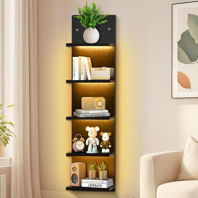 Photo 1 of 5 Tier Display Shelf Case with Lights LED Wall Mount Vertical Lack Shelf with LED Wall Decor Floating Shelves for Bedroom Living Rooms Book Gaming Shelves Supports USB Black
