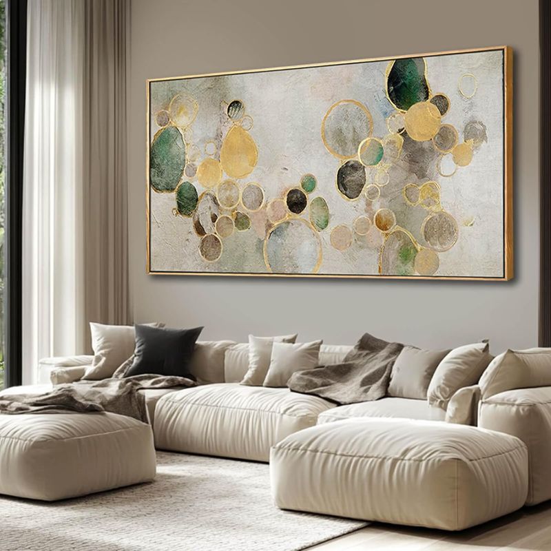 Photo 1 of Abstract Canvas Wall Art Gold Circle Painting Green Artwork Framed Wall Prints 29"x 58" Office Wall Decor Colorful Pictures for Living Room Bedroom
