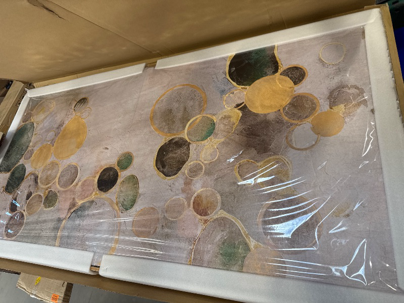 Photo 1 of Abstract Canvas Wall Art Gold Circle Painting Green Artwork Framed Wall Prints 29"x 58" Office Wall Decor Colorful Pictures for Living Room Bedroom
