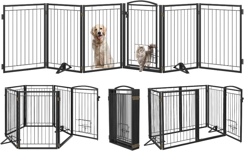 Photo 1 of Metal Free Standing Dog Gate with Cat Door for Indoor/Outdoor,120" Extra Wide Foldable Pet Gate,32" Tall Foldable Indoor Dog Fence for Large Openings Stairs,Deck,Yard,Doorways(6 Panels,Black)
