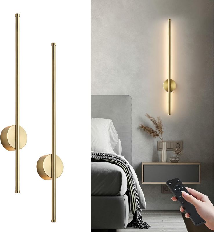 Photo 1 of Battery Operated Modern Wall Sconces, Dimmable Wireless Wall Light Set of Two with Remote Control, 3 Color Temperatures, Rechargeable LED Wall Sconce for Bedroom, Living Room, Hallway, 27.6 Inch Brass
