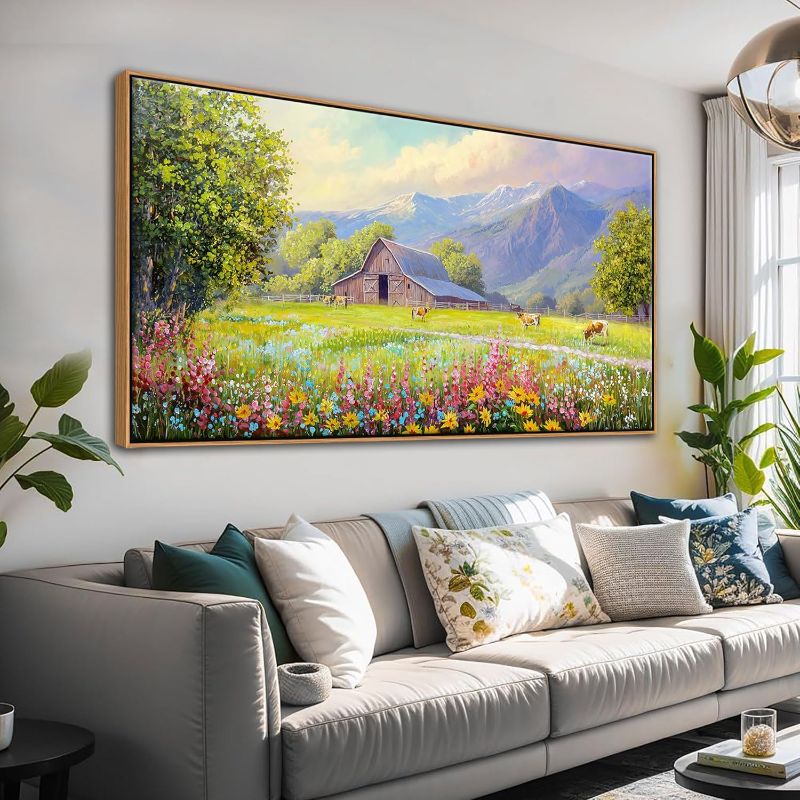 Photo 1 of  Rustic Mountain Wall Art,Farmhouse Landscape Wall Decor with Highland Cow & Floral Art - Nature & Country Artwork for Living Room, Bedroom & Walls - Framed Flower Pictures for Home