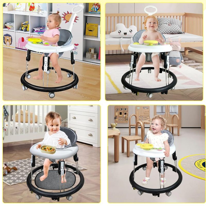 Photo 1 of Foldable Baby Walker for Boys and Girls, 5-in-1 Baby Walker with Wheels, Adjustable Height Toddler Activity Walker with Music Tray, Detachable Seat and Mute Anti-Rollover Baby Walkers for 6-24 Months
