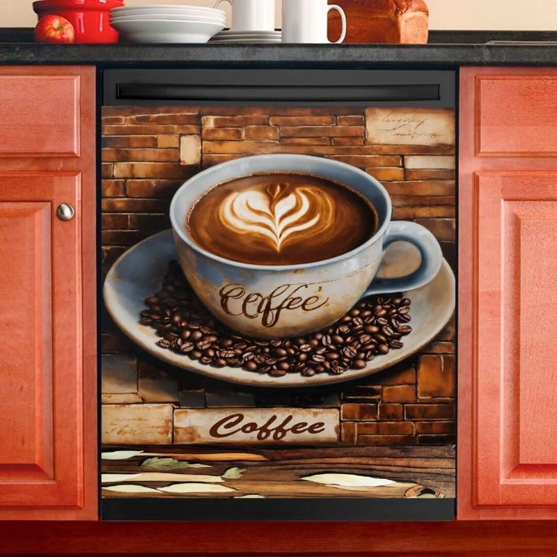 Photo 1 of Coffee Bar Magnetic Dishwasher Cover,Retro Style Coffee Holiday Kitchen Decor Dishwasher Sticker,Refrigerator Magnets Panel Decals,Dishwasher Magnet Cover Vinyl Sticker,23Wx26H Inches
