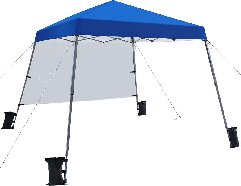 Photo 1 of Yaheetech Pop Up Canopy Tent with Backpack, 10x10 Base Portable Easy One Person Setup Folding Shelter Compact Lightweight Slant Leg Canopy with 1 Sidewall, 8x8 Top, Blue

